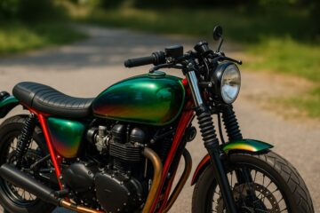 Moto con serbatoio appena verniciato e colori brillanti personalizzati