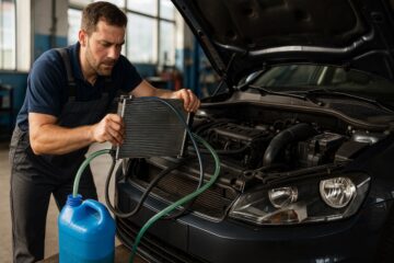 Meccanico che effettua il lavaggio del radiatore auto in officina, con liquido refrigerante e strumenti professionali.