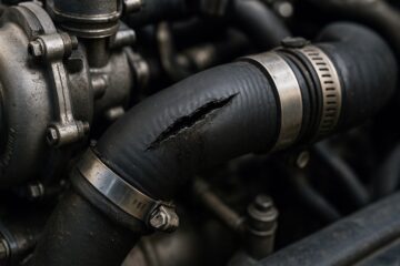 Primo piano di un manicotto intercooler lesionato con segni di usura e perdita d’olio nel vano motore.