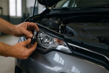 Mani di un automobilista che sostituisce una lampadina nel faro anteriore di un’auto in garage.