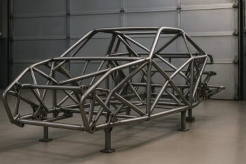 Telaio tubolare in acciaio di auto sportiva in officina, con struttura spaceframe a vista.