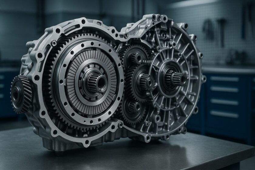 Vista dettagliata di un cambio a doppia frizione moderno in officina
