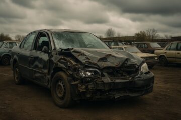 Auto incidentata in un deposito rottami con danni visibili