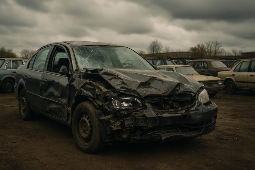 Auto incidentata in un deposito rottami con danni visibili