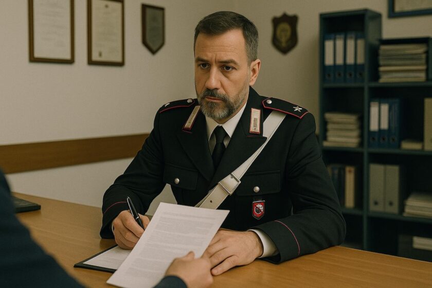 Persona che presenta denuncia per targa auto clonata in stazione di polizia