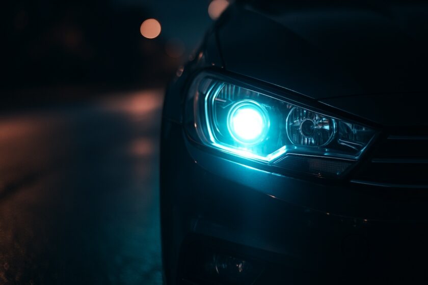  Primo piano di faro allo xenon acceso su un’auto di notte