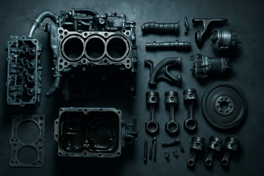 Dettaglio del motore auto smontato con componenti metallici visibili e struttura interna