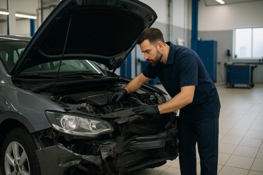 Meccanico controlla auto incidentata in officina
