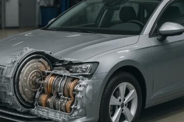 Vettura in officina con cofano trasparente che mostra lo spaccato del cambio Triptonic e i suoi componenti interni