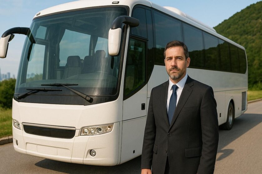 Un autobus turistico bianco parcheggiato davanti a un paesaggio urbano o naturale, con un autista in giacca e cravatta accanto al mezzo