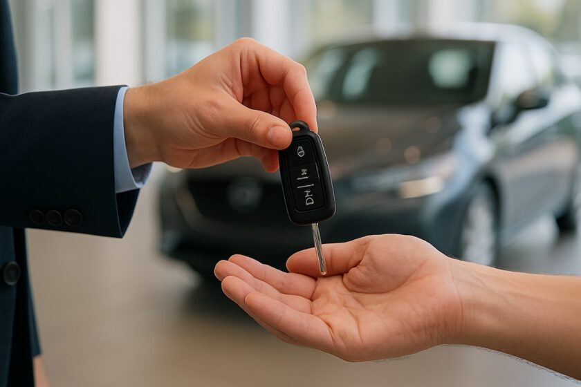 Cliente riceve le chiavi di un’auto dimostrativa presso il concessionario