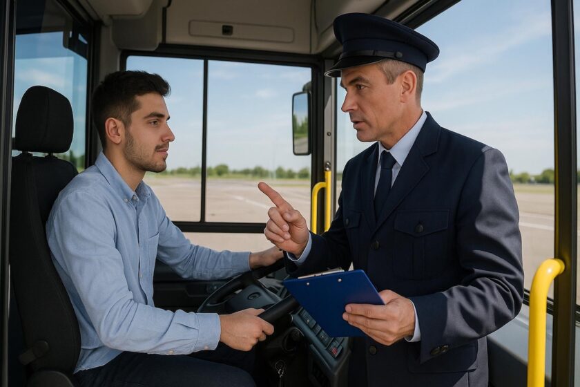 Allievo alla guida di un autobus in scuola guida con istruttore al fianco