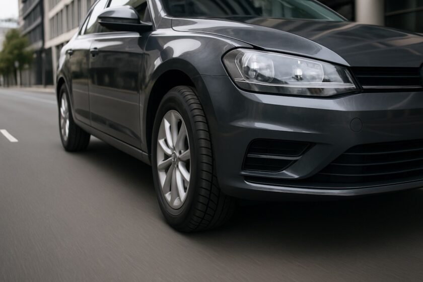 Auto con gomme quattro stagioni su strada asciutta in ambiente urbano