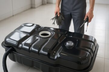 Serbatoio benzina pulito con attrezzi da officina sullo sfondo