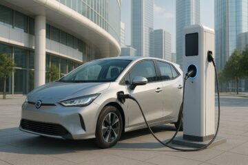 Auto elettrica 2025 in ricarica presso colonnina moderna