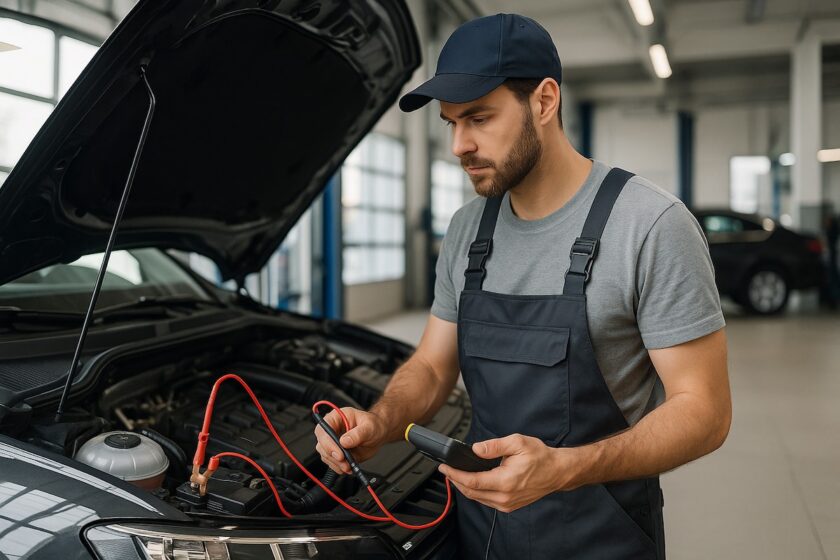 Meccanico che controlla una batteria auto in officina