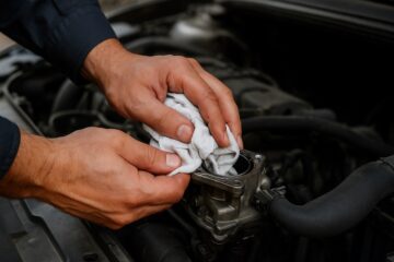 Meccanico che effettua la manutenzione del motore auto per decarbonizzazione