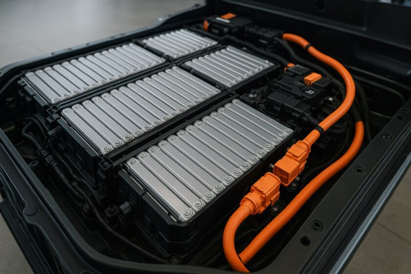 Pacco batterie di un’auto elettrica in ispezione