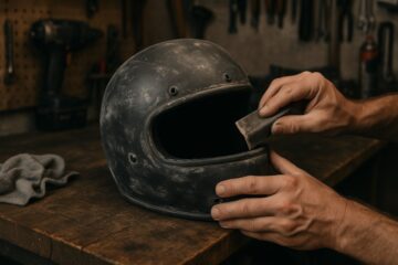 Casco da moto preparato per la verniciatura in un’officina