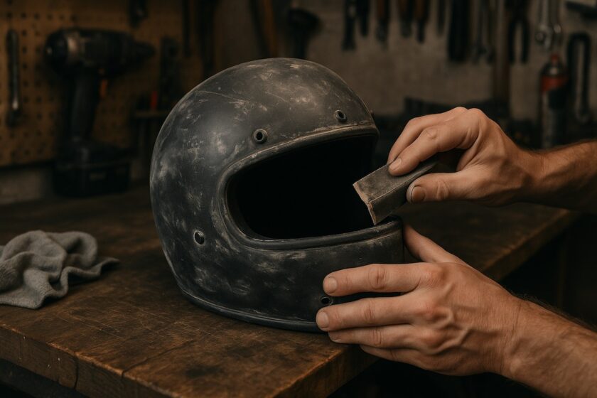 Casco da moto preparato per la verniciatura in un’officina