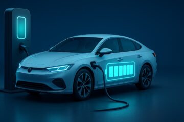 Auto elettrica collegata a una stazione di ricarica con icona batteria visibile