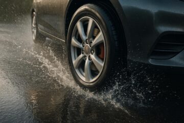 Automobile che frena su asfalto bagnato con controllo elettronico della frenata EBD