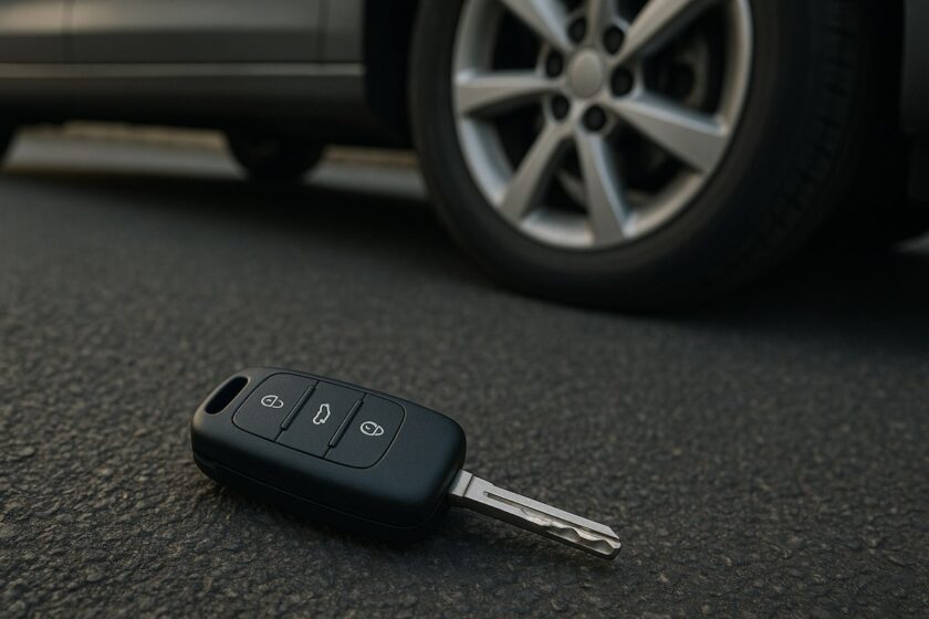 Chiave auto smarrita poggiata a terra vicino a una ruota di macchina