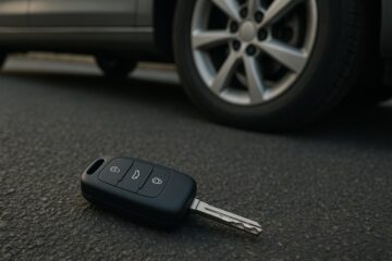 Chiave auto smarrita poggiata a terra vicino a una ruota di macchina