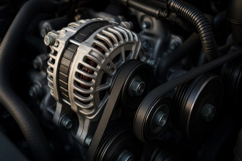 Dettaglio tecnico della cinghia dell’alternatore montata su un motore auto moderno.