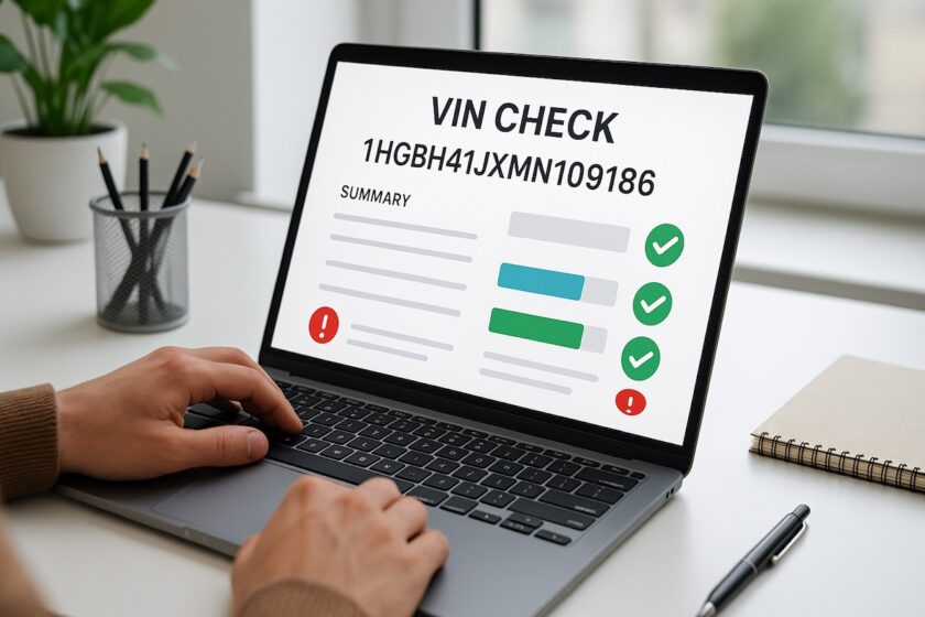 Persona che consulta un report del numero di telaio online tramite computer portatile