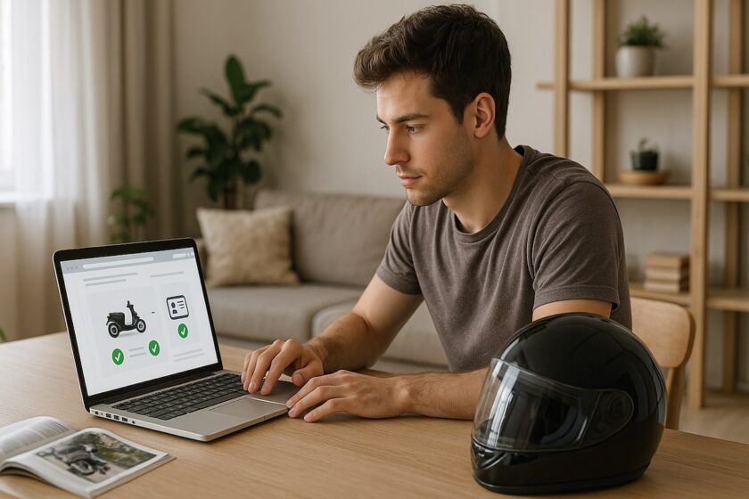 Giovane uomo al computer che controlla online se può guidare uno scooter 150cc con la patente B