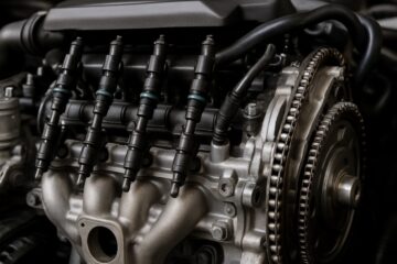 Primo piano di un motore automobilistico moderno con iniettori visibili