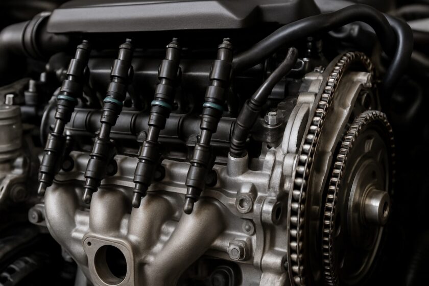 Primo piano di un motore automobilistico moderno con iniettori visibili