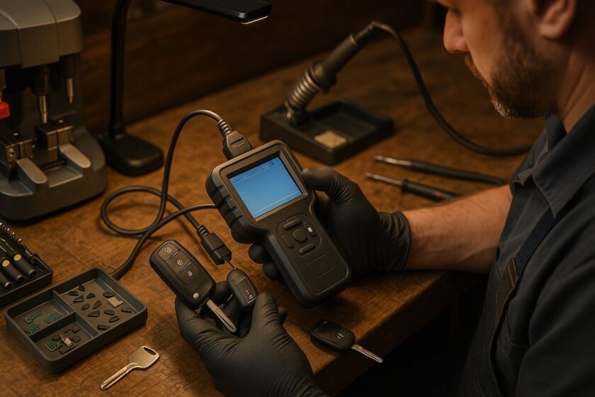 Tecnico che utilizza un dispositivo per programmare e duplicare una chiave elettronica auto