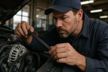 Meccanico controlla lo stato della cinghia alternatore sotto il cofano di un’auto.