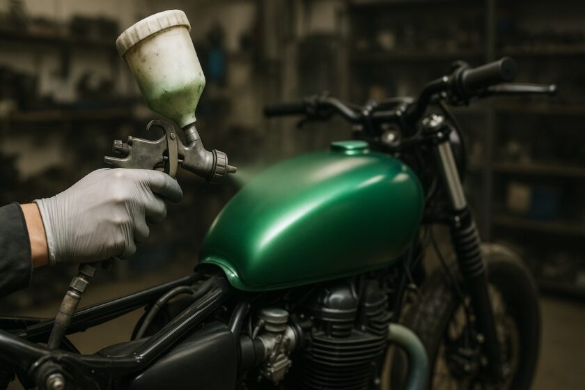 Moto in un’officina con serbatoio in fase di verniciatura a spruzzo