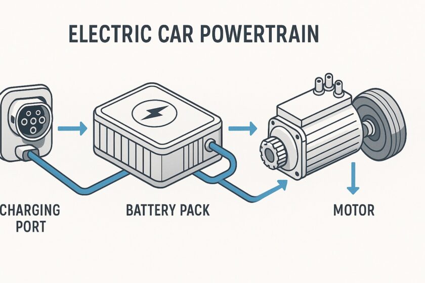 Schema di un’auto elettrica con batteria, inverter e motore collegati