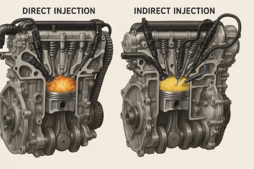 Illustrazione tecnica di un motore con differenze tra iniezione diretta e indiretta