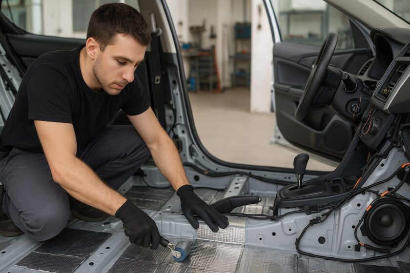 Meccanico che applica materiale fonoassorbente all’interno di un’auto per ridurre il rumore nell’abitacolo.