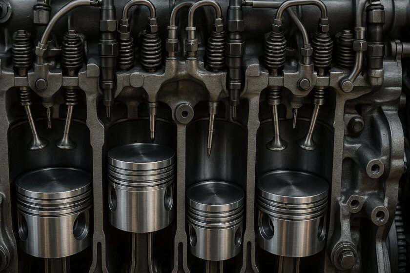 Vista ravvicinata del motore diesel con pistoni, iniettori e valvole visibili
