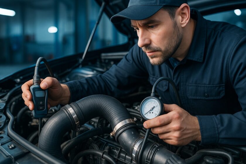 Meccanico che ispeziona i manicotti dell’intercooler durante la manutenzione del turbo.