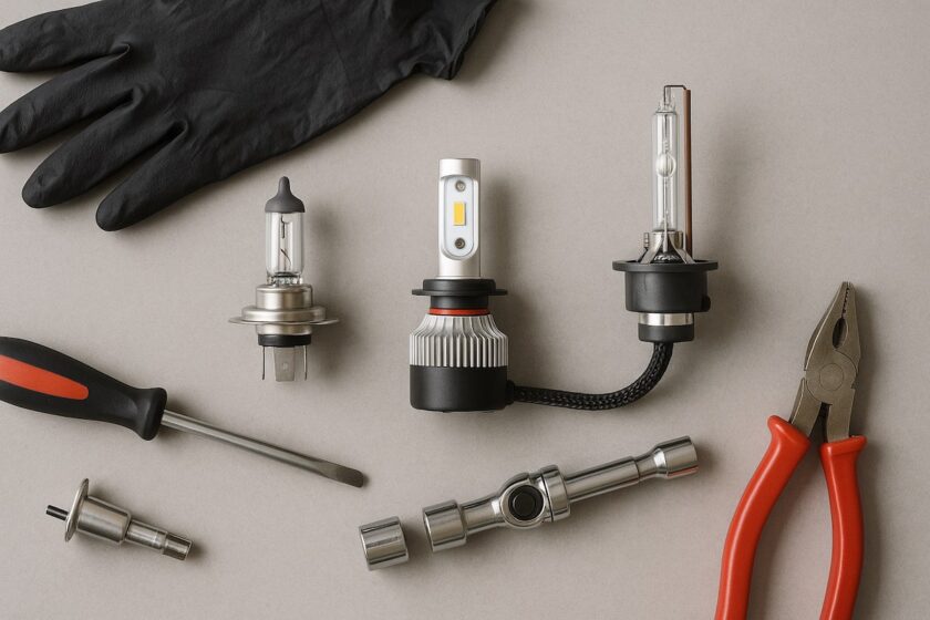 Lampadine alogene e LED con strumenti per la manutenzione dei fari auto su un banco da lavoro.