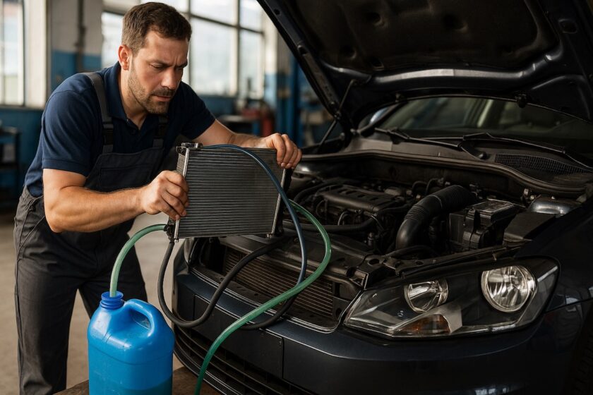 Meccanico che effettua il lavaggio del radiatore auto in officina, con liquido refrigerante e strumenti professionali.