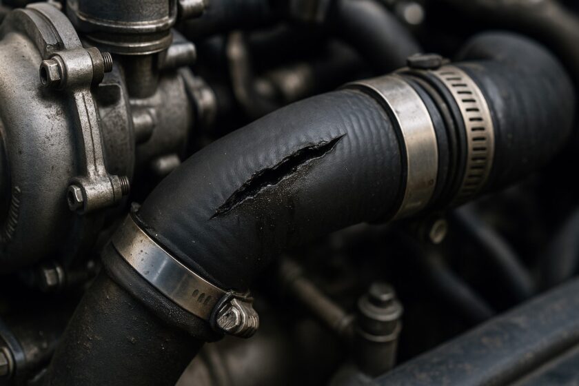 Primo piano di un manicotto intercooler lesionato con segni di usura e perdita d’olio nel vano motore.
