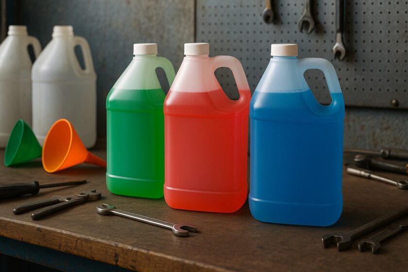Bottiglie di liquido refrigerante per auto e detergenti specifici per il lavaggio radiatore su banco officina.