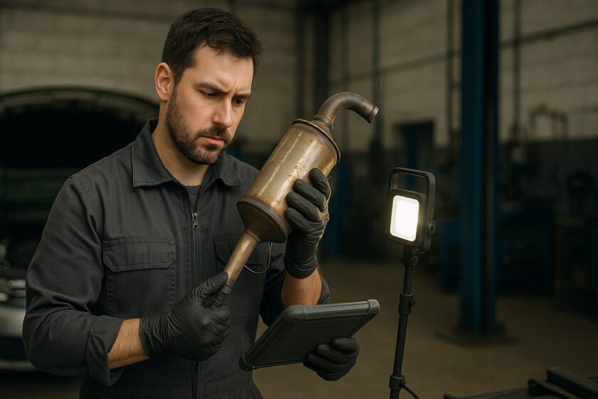 Meccanico che controlla e pulisce un filtro antiparticolato FAP smontato in officina, durante la diagnosi di un motore diesel.