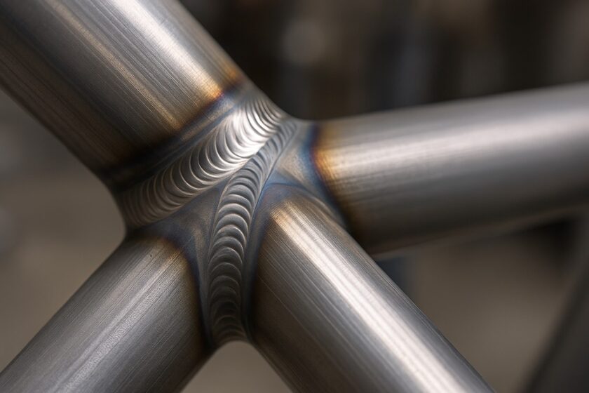 Primo piano di saldatura TIG su telaio tubolare in acciaio cromoly con tubi incrociati.