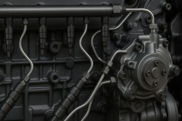 Dettaglio del sistema Common Rail con iniettori e pompa ad alta pressione di un motore diesel moderno