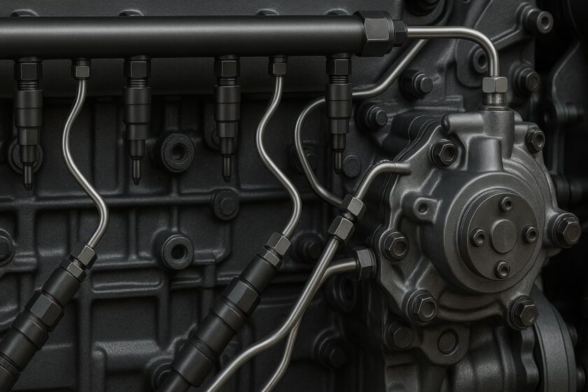 Dettaglio del sistema Common Rail con iniettori e pompa ad alta pressione di un motore diesel moderno