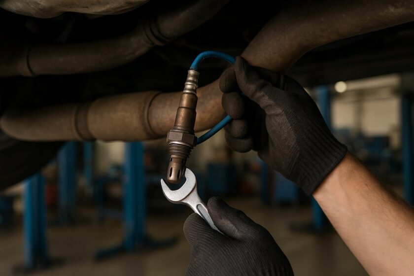 Meccanico che sostituisce la sonda lambda del sistema di scarico di un’auto
